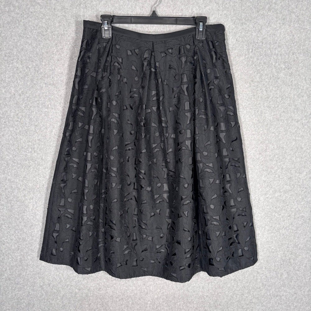 Talbots Pleated 100% Silk Eyelet Midi Skirt 14 Black Cutout Floral Embroidered
